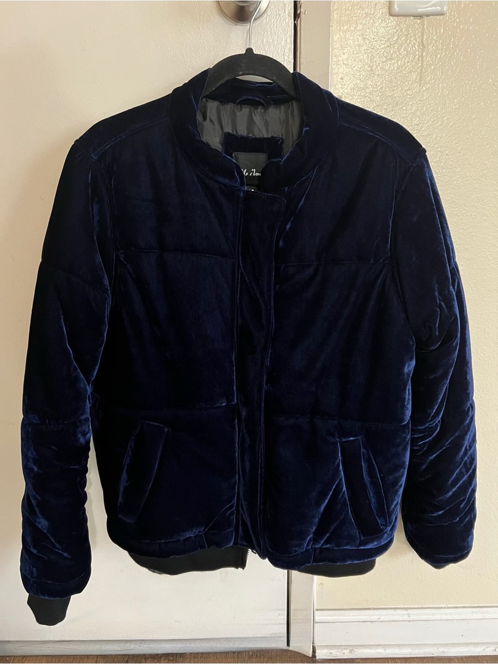 Velvet Puffer Jacket for Women - Navy Blue